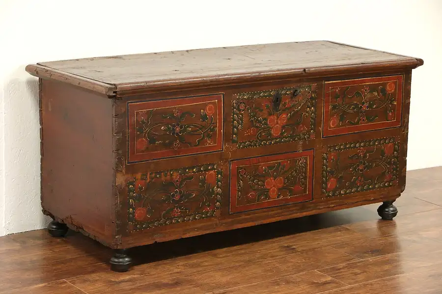 Main image of Scandinavian Hand Painted Folk Art Pine 1800 Antique Dowry Trunk Blanket Chest