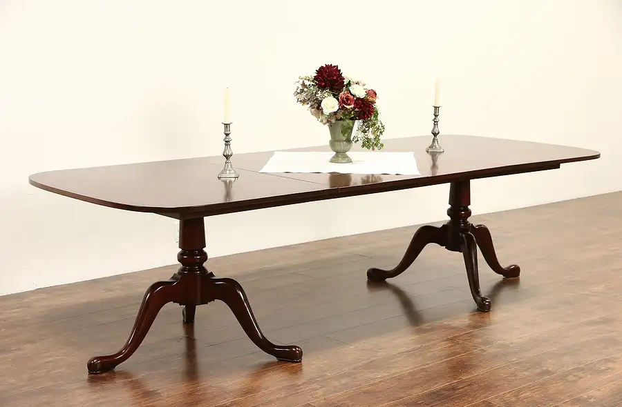 Main image of Mahogany Traditional 2 Pedestal 1950 Vintage Dining Table, 2 Leaves Extend 9'