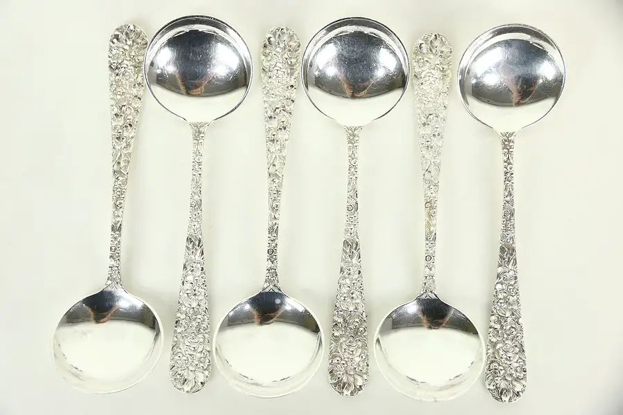 Main image of Set of 6 Round Cream Soup Spoons, Repousse Sterling Silver by Kirk Stieff