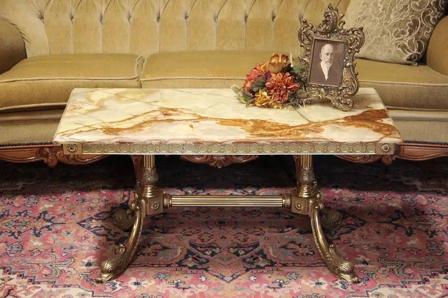 Main image of Onyx Coffee Table, Brass Dolphin Base