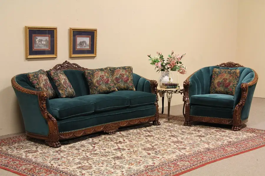 Main image of Carved Lion Antique 1930 Sofa and Chair Set