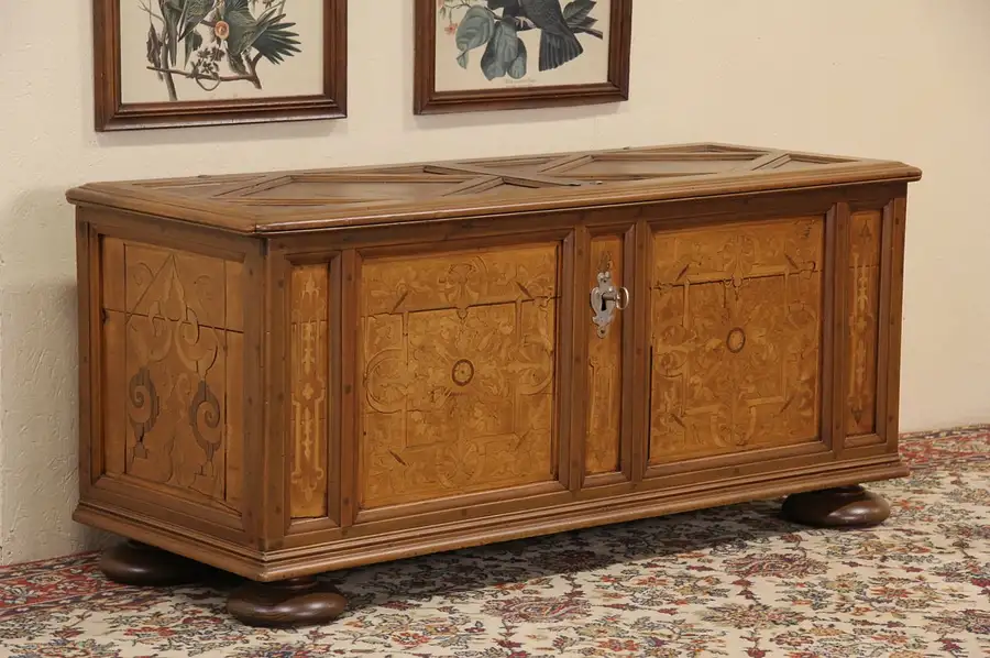 Main image of Swedish 1800's Antique Marquetry Trunk or Marriage Dowry Chest, Original Lock