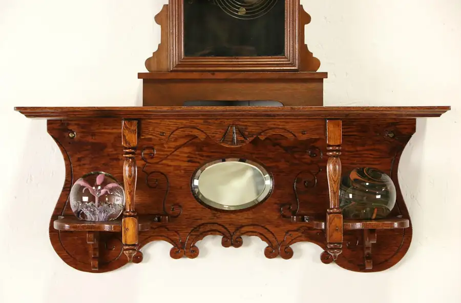 Main image of Victorian Oak 1890 Antique Wall Clock Shelf, Beveled Mirror