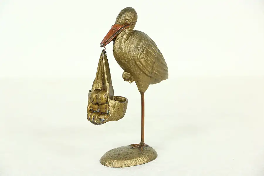 Main image of Stork Statue Delivering Babies Antique 1900's Sculpture Match & Toothpick Holder