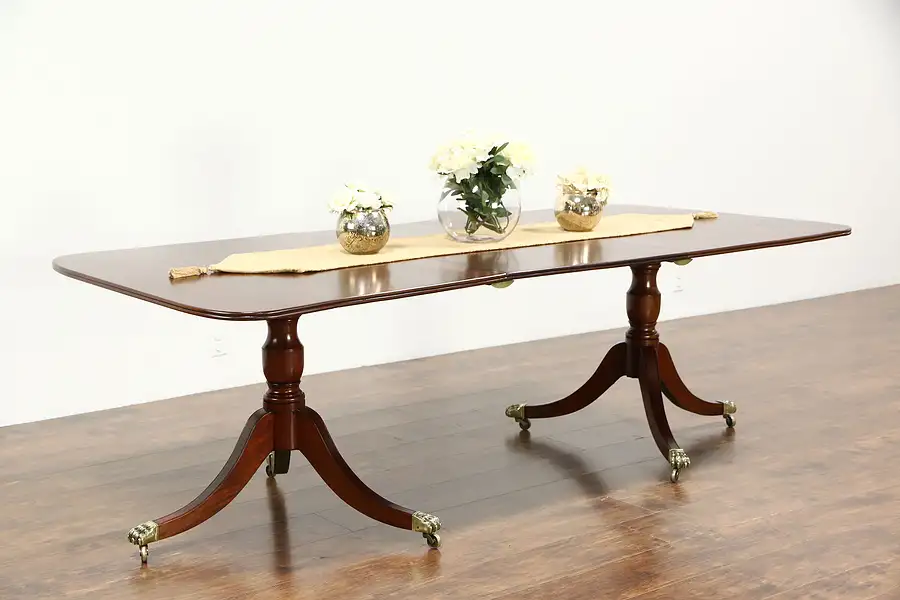 Main image of Double Pedestal Solid Mahogany 1900 Antique Dining Table & Leaf, England