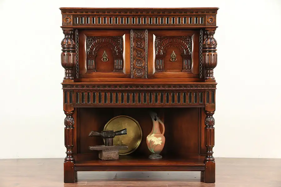 Main image of English Renaissance Antique Walnut China Cabinet, Signed Kittinger