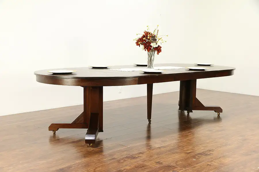 Main image of Arts & Crafts Mission Oak 56" Round Craftsman Antique Dining Table, 10'7"