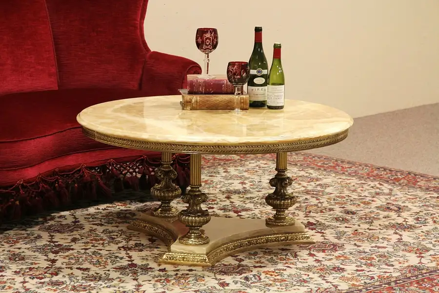 Main image of Round Onyx Coffee Table, Brass Columns