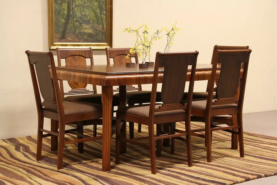 Main image of Art Deco 1930's Waterfall Dining Set, Table, 3 Leaves & 6 Chairs