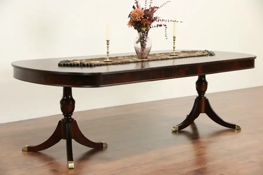 Main image of Traditional Mahogany 1940's Vintage Signed 2 Pedestal Dining Table, 3 Leaves