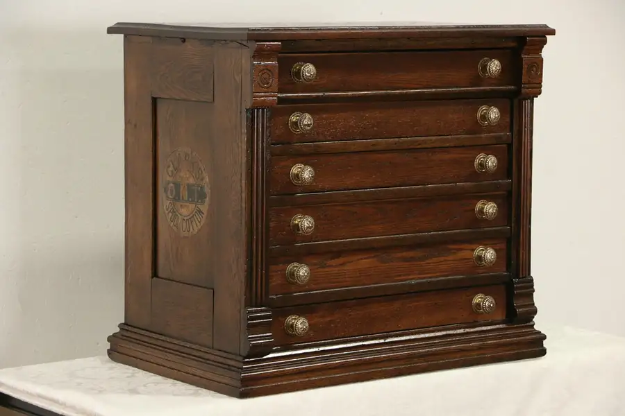 Main image of Clark Signed Oak 6 Drawer 1895 Antique Spool, Jewelry or Collector Cabinet