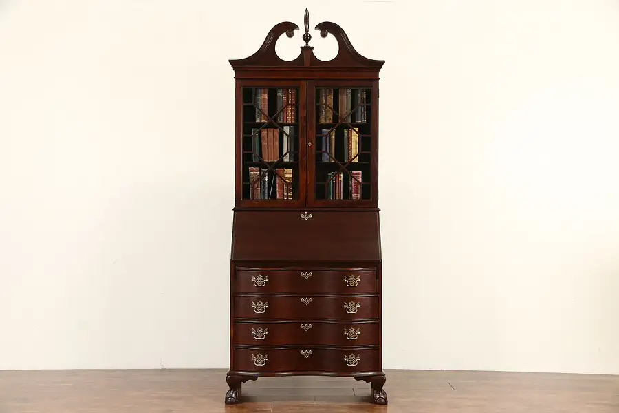 Main image of Traditional 1930's Vintage Carved Mahogany Secretary Desk & Bookcase