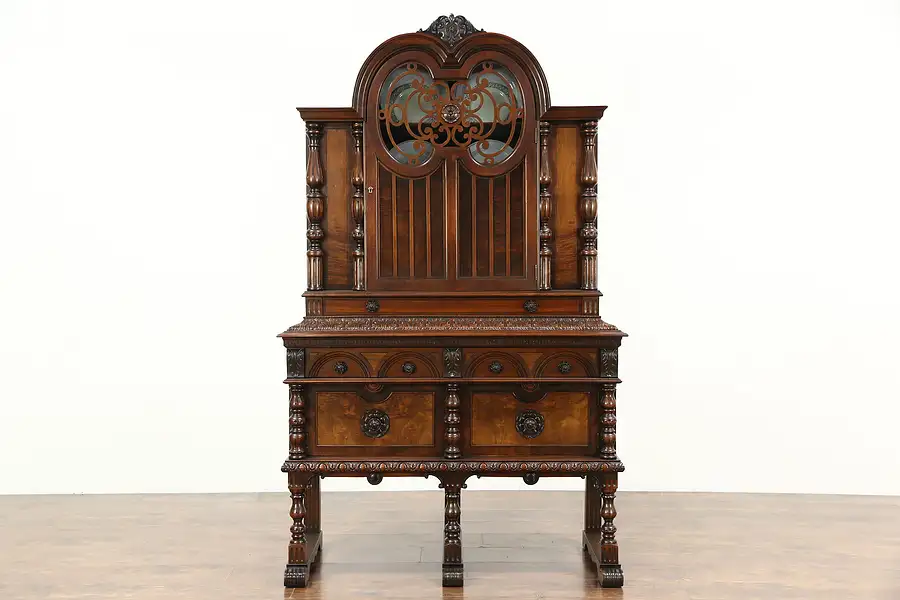 Main image of English Tudor 1925 Antique Walnut Carved China Cabinet or Back Bar