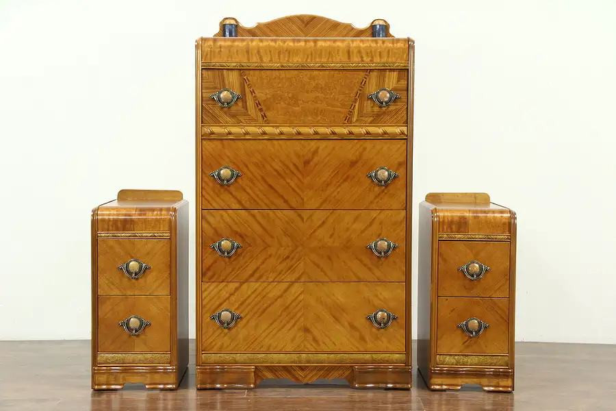 Main image of Art Deco Waterfall Design Vintage 3 Pc. Bedroom Set, Tall Chest, 2 Nightstands