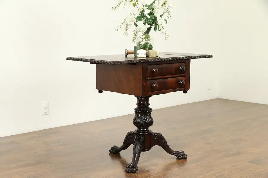 Main image of Empire Carved Mahogany Antique Pembroke Dropleaf Lamp Table, Nightstand