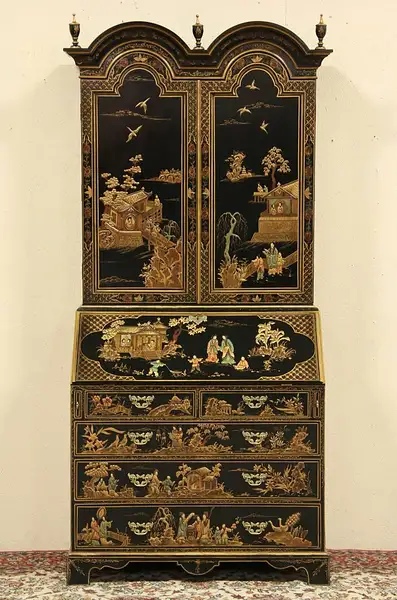 Main image of Asian Hand Painted Lacquer Georgian Chinoiserie Secretary Desk