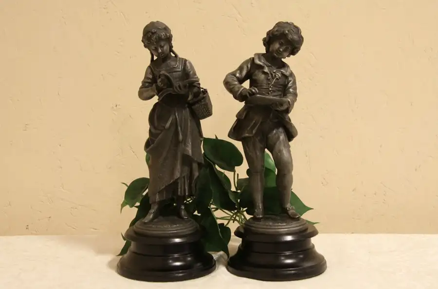 Main image of Pair Reading & Drawing 1880 Antique Pewter Sculptures
