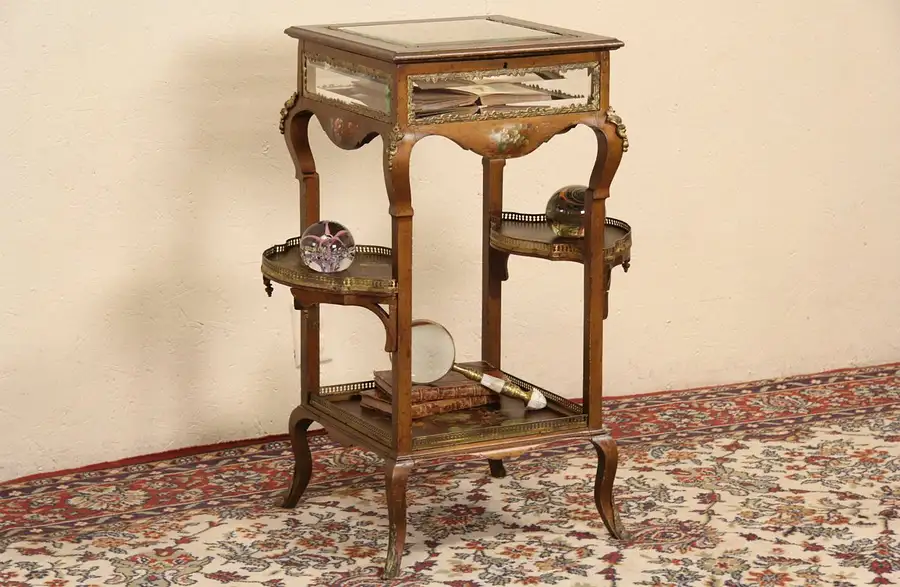 Main image of Vernis Martin French 1900 Antique Vitrine Table with Curio Display Cabinet