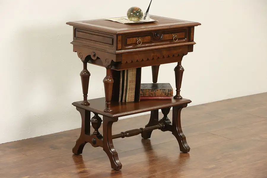 Main image of Victorian 1880 Antique Walnut Sewing, Writing and End Table, Leather Top