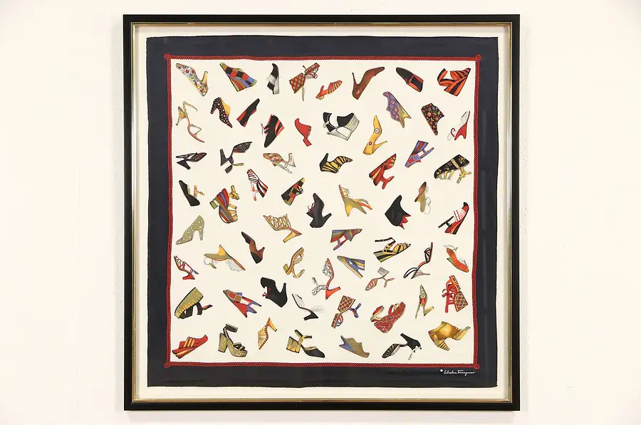 Main image of Salvatore Ferragamo Signed Shoe Motif Silk Scarf, Custom Framed