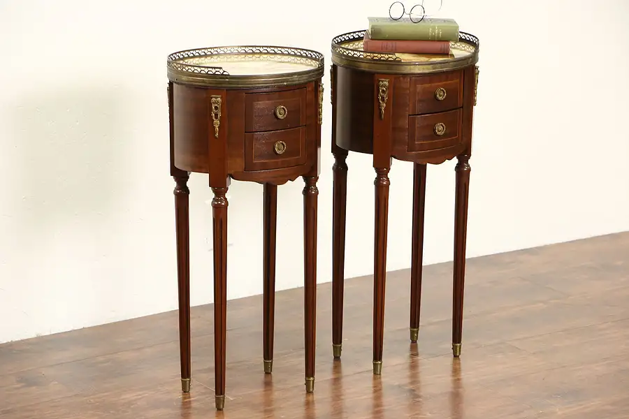 Main image of Pair Italian Oval 1915 Antique End Tables or Nightstands, Onyx Tops & Galleries