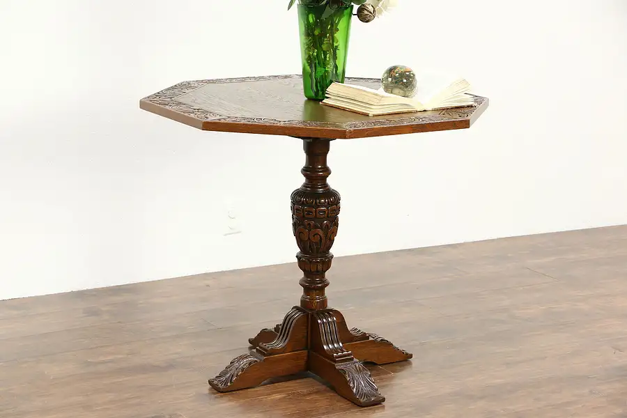 Main image of English Tudor 1920's Antique Carved Oak Hall Center or Lamp Table