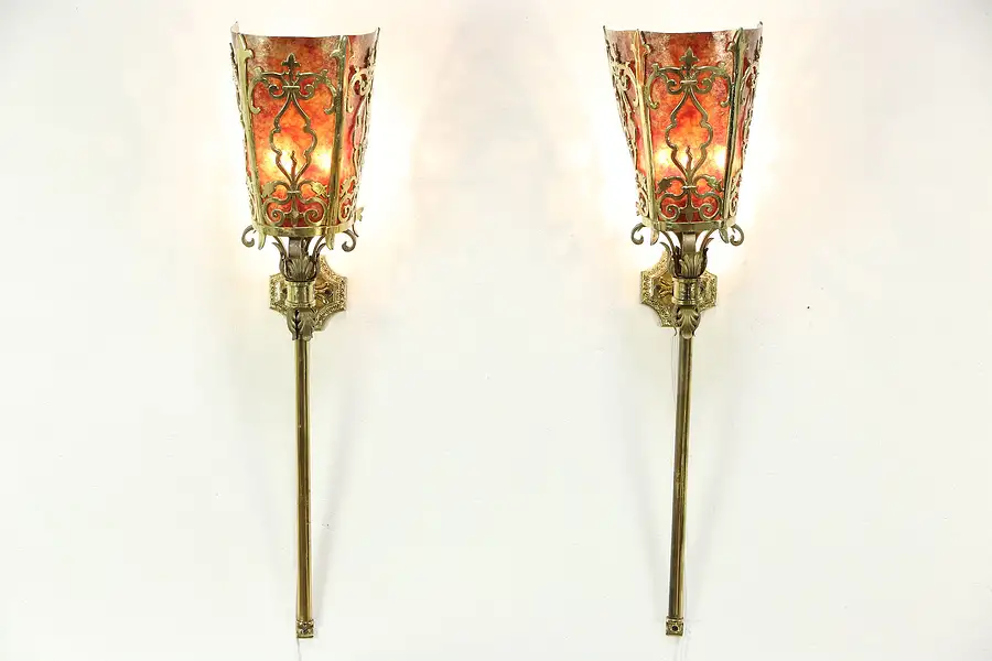 Main image of Pair of Vintage Brass Wall Sconces or Torcheres, Mica Shades