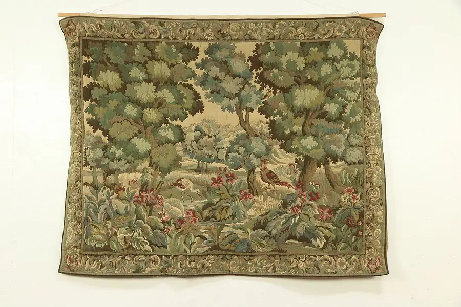 Main image of Renaissance Style 1900 Antique Tapestry, Forest & Birds Scene