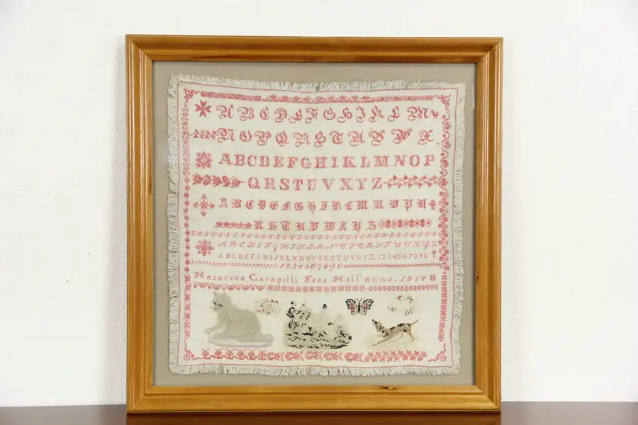 Main image of Sampler Italian Needlework, Signed & Dated 1814, Sleigh, Animals & Butterfly