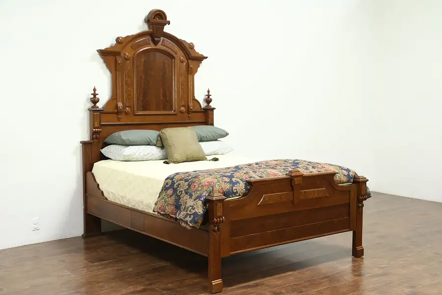 Main image of Victorian Renaissance Antique 1870 Carved Walnut & Burl Queen Size Bed