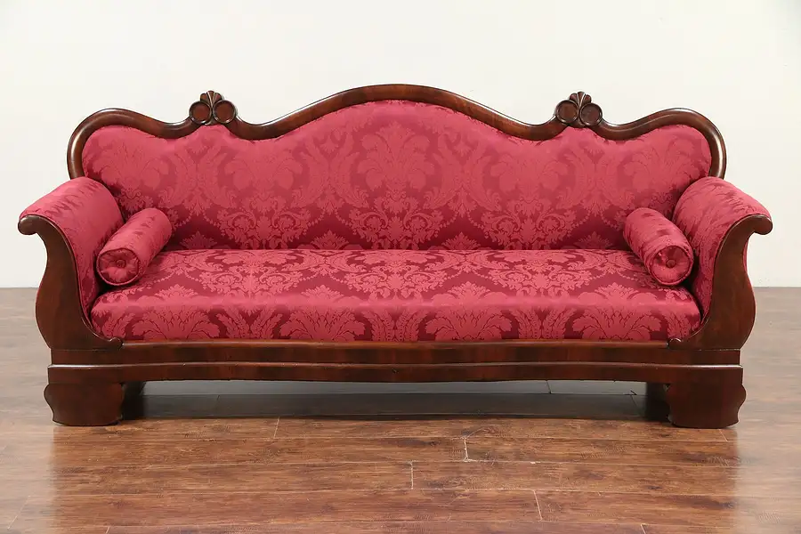 Main image of Empire Antique 1840 Carved Mahogany Sofa, New Upholstery & Bolsters