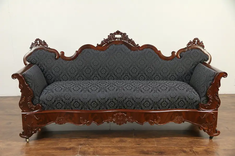 Main image of Victorian to Empire Antique 1840 Carved Mahogany Sofa, New Upholstery