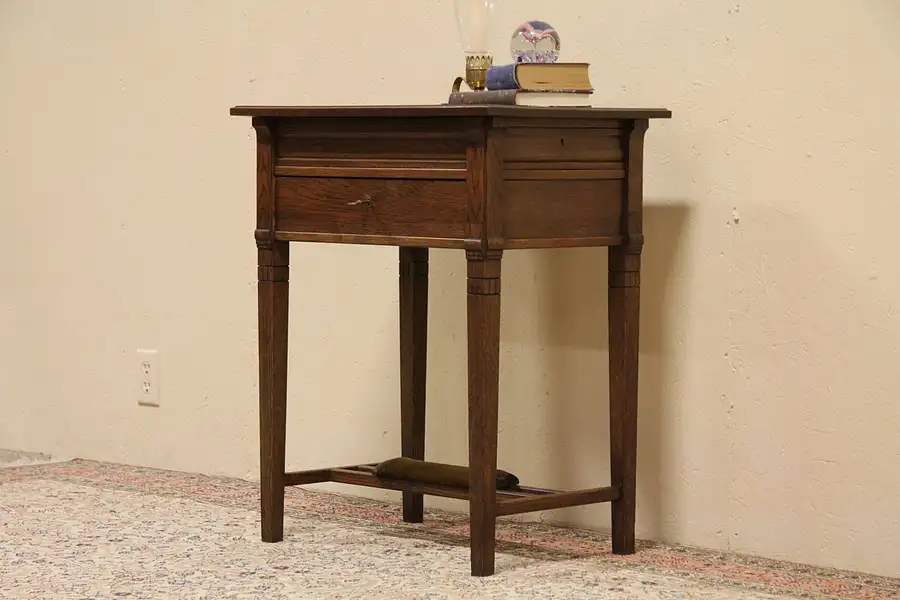 Main image of Arts & Crafts 1900 Antique Sewing or Work Table, Compartmentalized Drawers