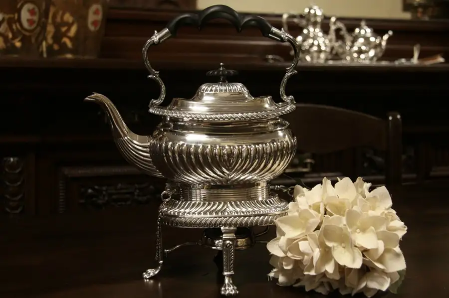 Main image of Mappin & Webb Silverplate Tilting Tea Pot or Kettle, Stand and Burner