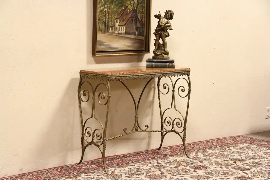 Main image of Wrought Iron 1915 Antique Hall Console Table, Marble Top