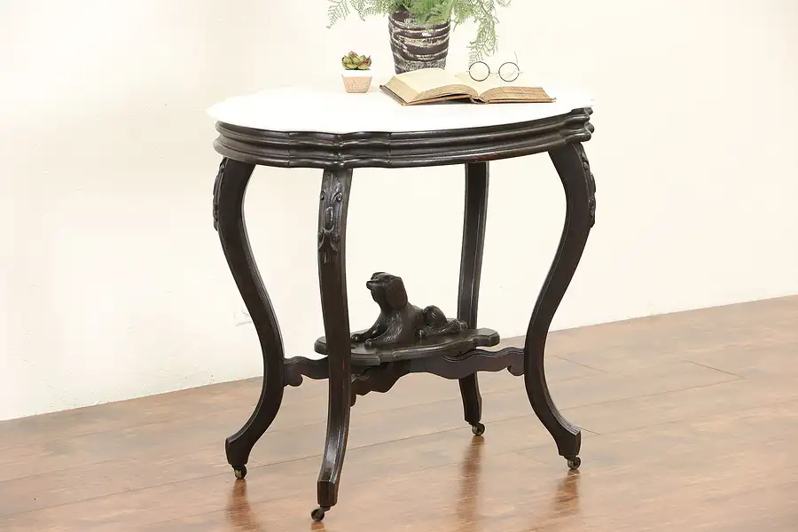 Main image of Victorian 1870's Antique Marble Turtle Top Walnut Lamp Table, Dog Sculpture