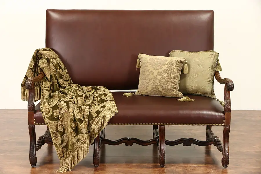 Main image of Country French 1915 Antique Carved Walnut & Leather Settee or Loveseat