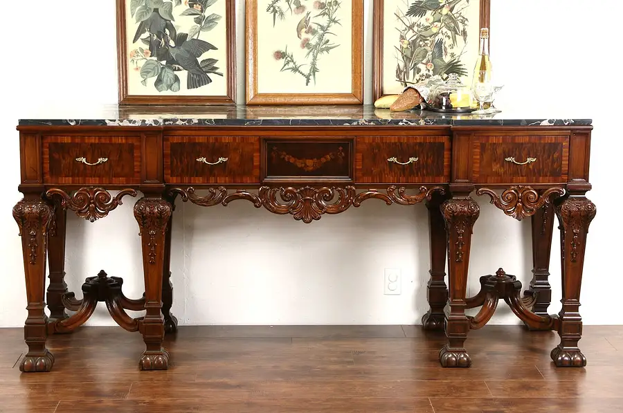 Main image of Renaissance Carved 1920's Sideboard, Server or Console, Black Marble Top, Signed