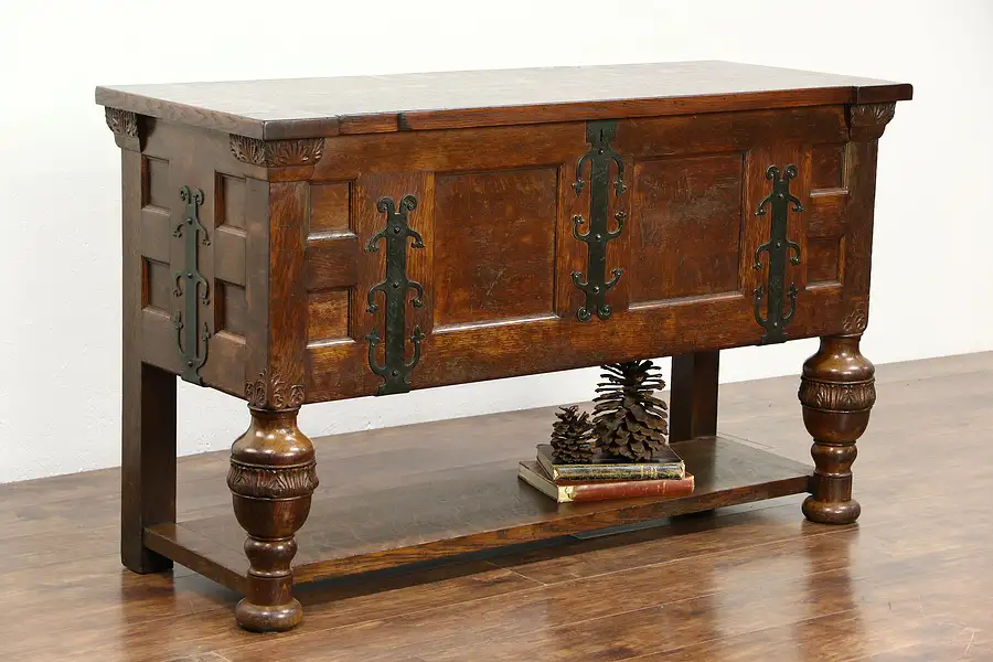 Main image of Carved Oak Antique 1900 Trunk, Chest, Hall or TV Console