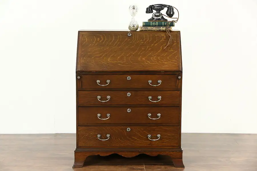 Main image of English Oak 1900 Antique Secretary Desk, Tooled Leather Top