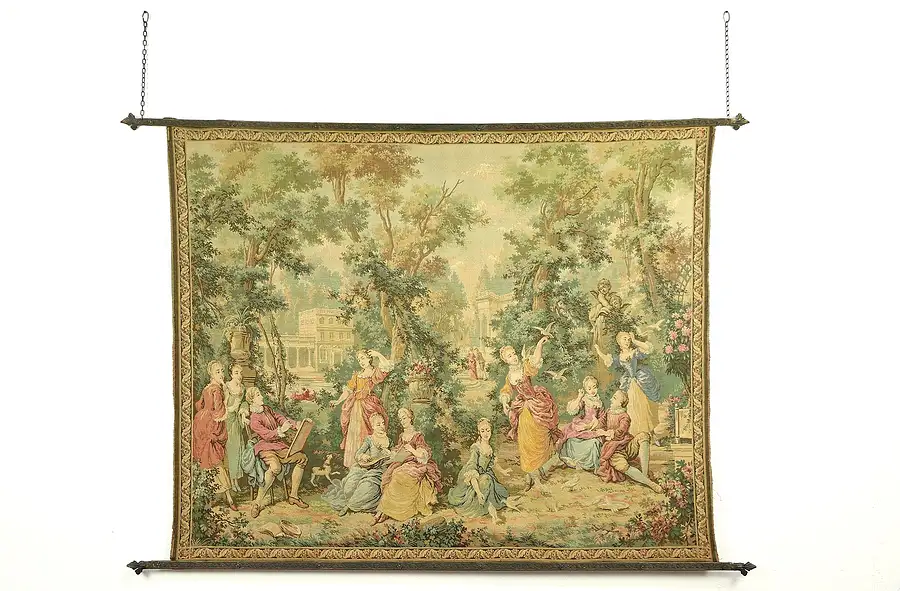 Main image of Court Garden Scene Tapestry with Hanging Bars, Made in France