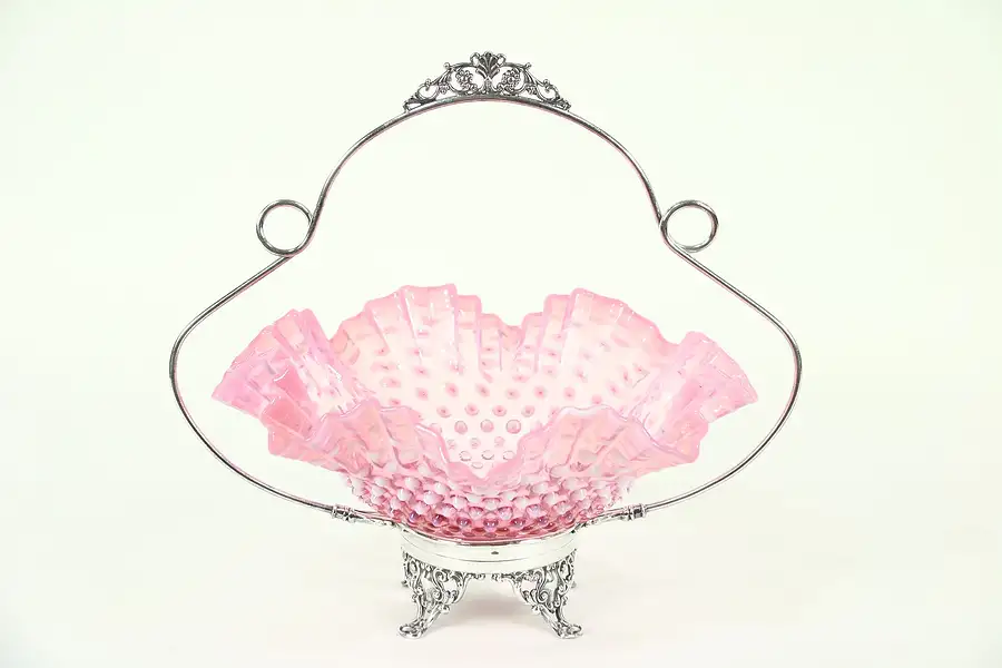 Main image of Victorian Antique Bride Basket, Signed Silverplate & Cranberry Glass