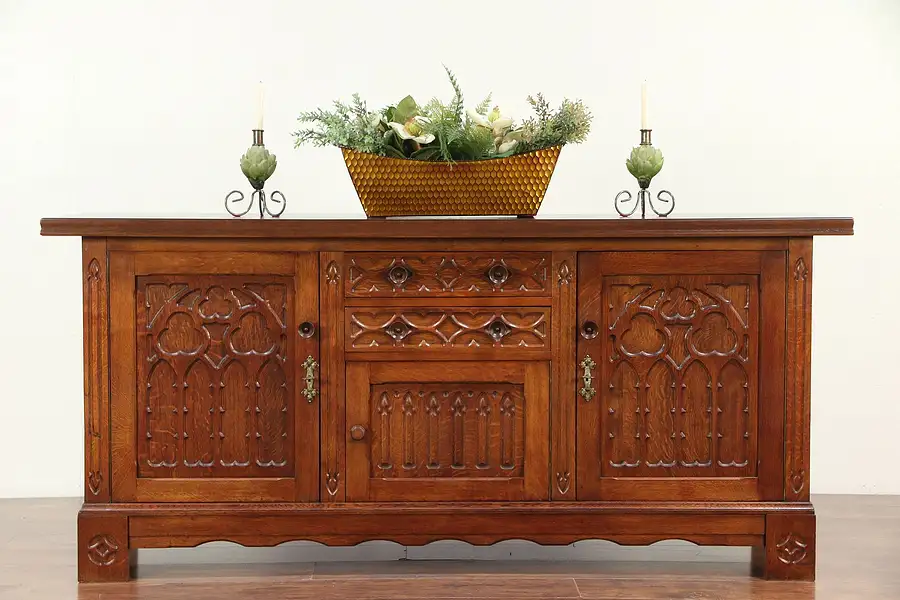 Main image of Oak Gothic Carved Antique Sideboard, Credenza or TV Console Cabinet