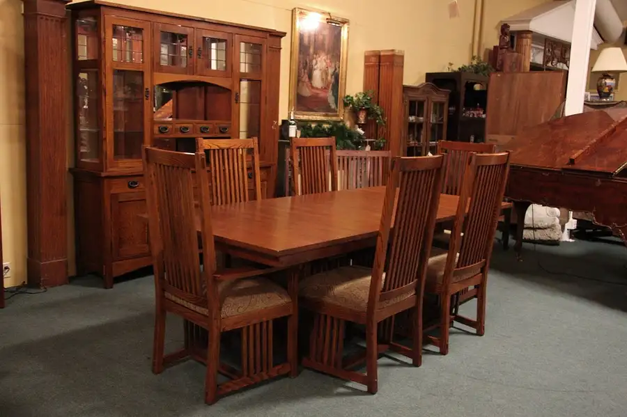 Main image of Arts & Crafts Mission Style Oak Dining Set, 6 Chairs