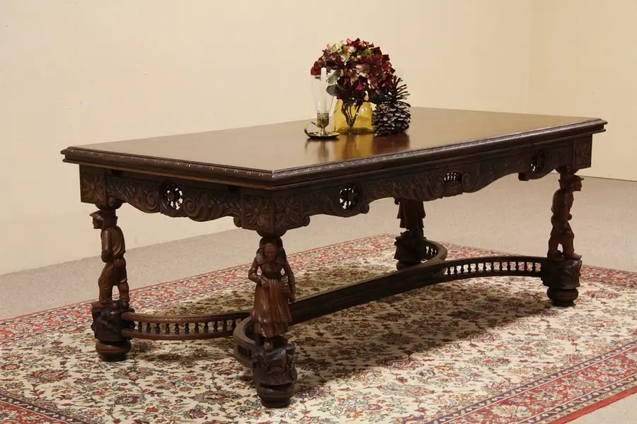 Main image of Brittany Dining or Library Table, Hand Carved Figures
