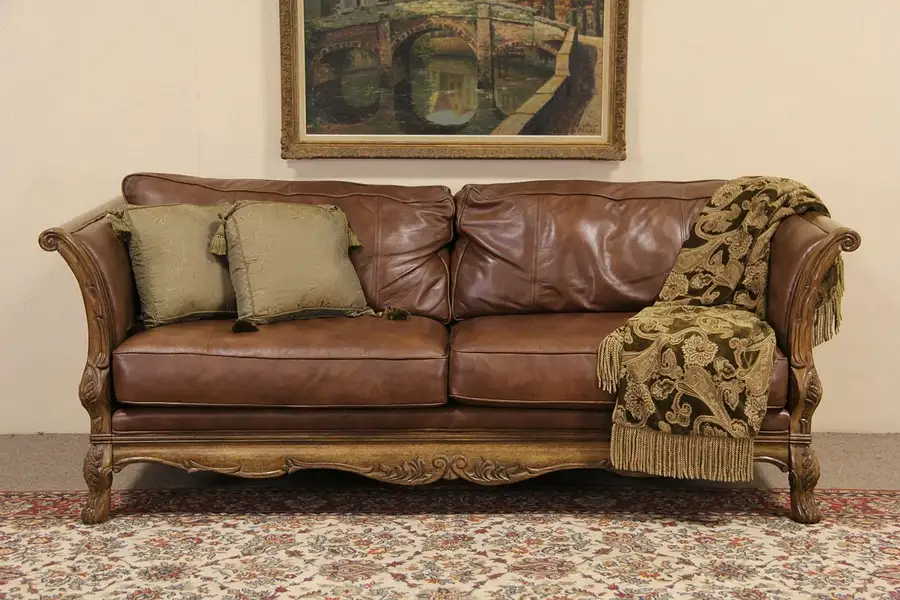 Main image of Bernhardt Country French Leather & Carved Fruitwood Vintage Sofa