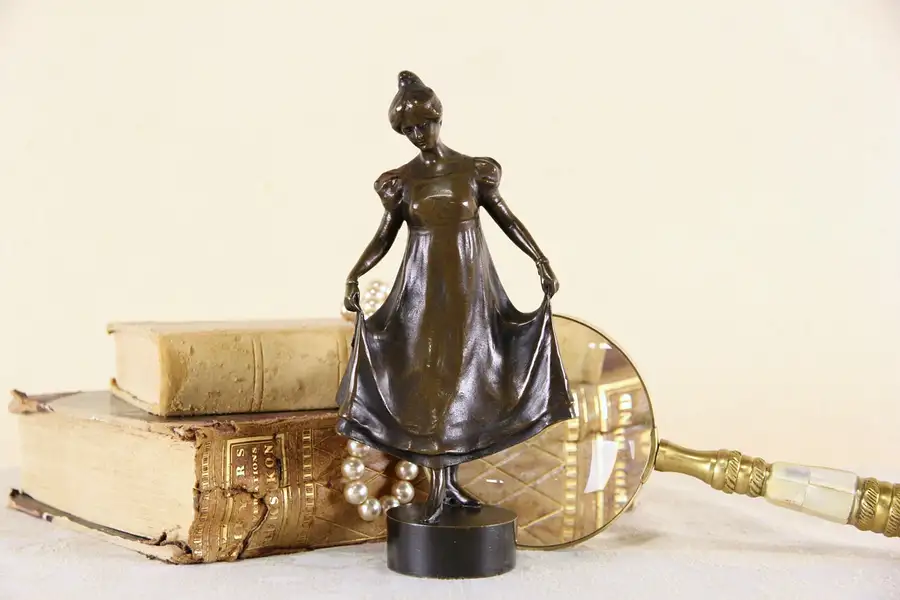 Main image of Bronze 1900 Antique Sculpture of Girl Holding Skirt signed Ruff