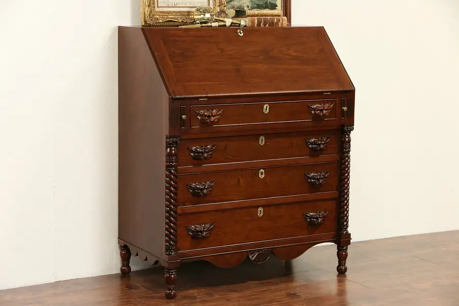 Main image of Cherry & Curly Maple New England 1830 Antique Secretary Desk, Fox Heads