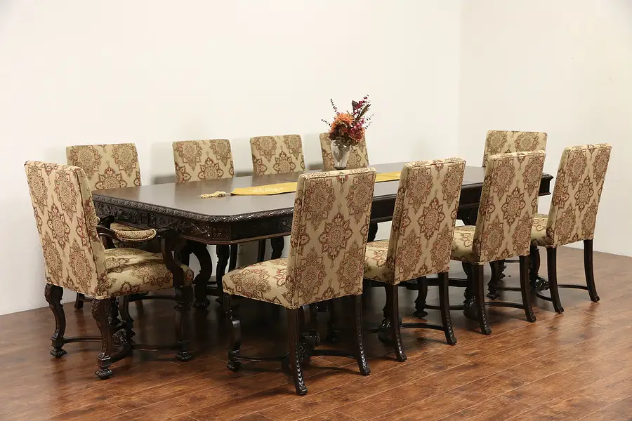Main image of Renaissance 1920 Antique Dining Set, Table 3 Leaves, 10 Chairs, New Upholstery