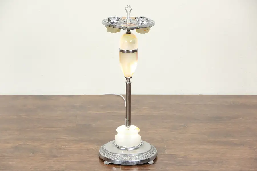 Main image of Art Deco 1930's Vintage Smoking Stand, Lighted Stained Glass Mounts